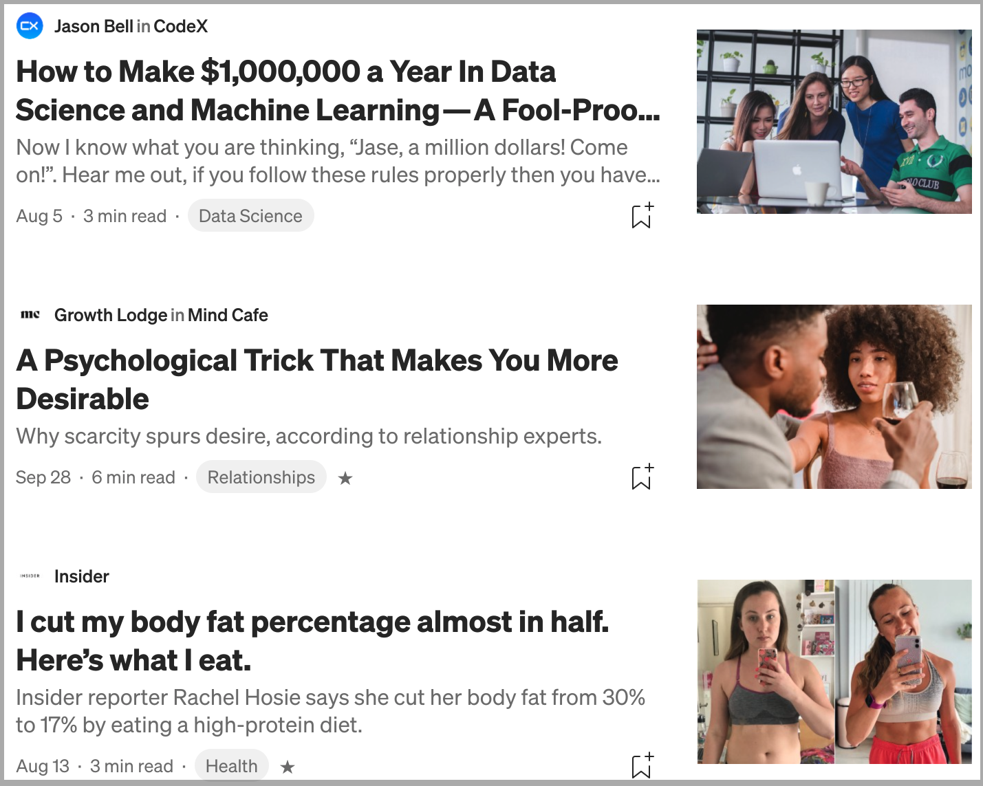 Screenshot of click-bait stories from the Medium.com homepage