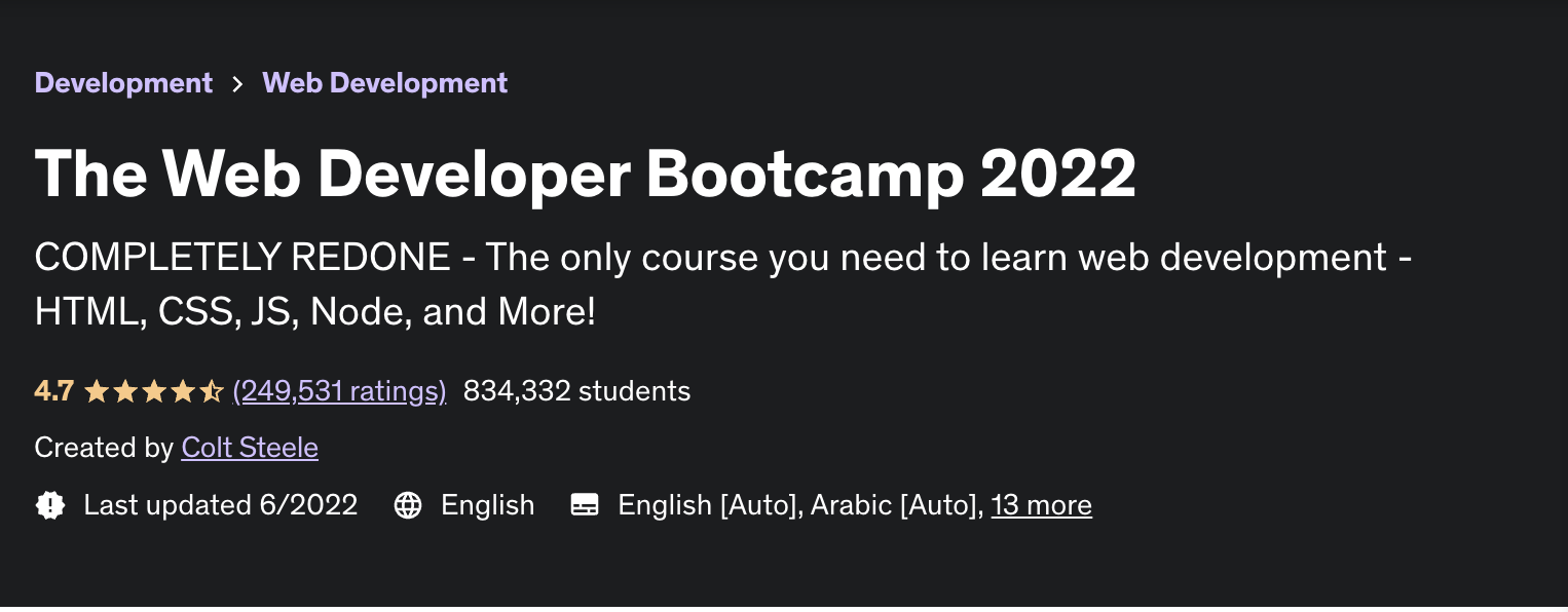"The Web Developer Bootcamp 2022" title from the Udemy.com website