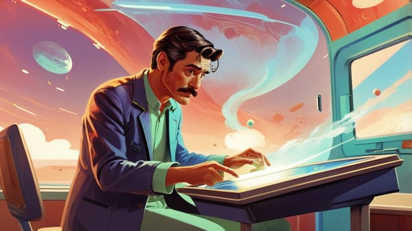 AI generated concept illustration of a man manipulating a hologram above a desk onboard a spaceship.