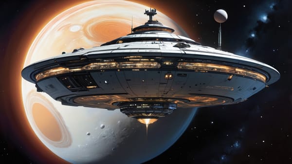 An image of a huge circular space station with a small ship on it's hull in orbit around Saturn's moon, Titan.