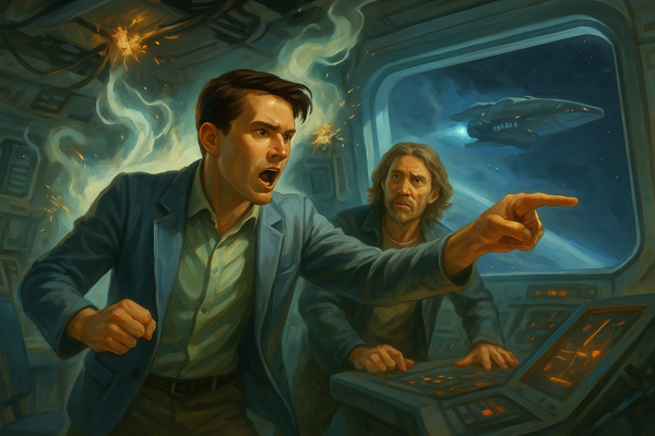 Thomas yells orders to his crew while the ship is under attack with Kurt in the background.