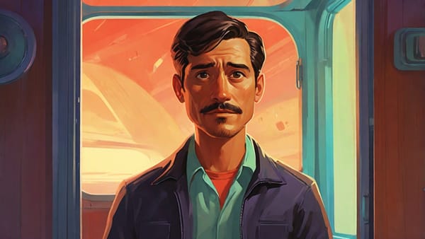A middle-aged man with brown hair and mustache standing in the doorway of his cabin aboard a spaces